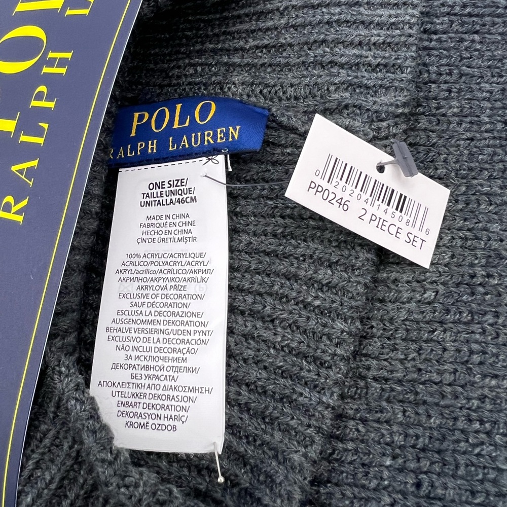 POLO RALPH LAUREN GREY AND NAVY BLUE BEANIE WITH MATCHING SCARF, UNISEX - Picture 11 of 14